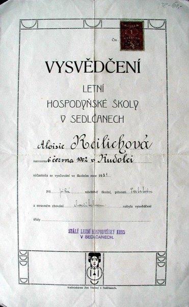 Aloisie Rajlichová, doklado absolvování letní hospodynské školy v Sedlčanech, 1921