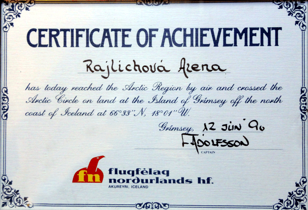 Alena Rajlichová: certifikát z ostrova Grimsey na severním polárním kruhu, 1990