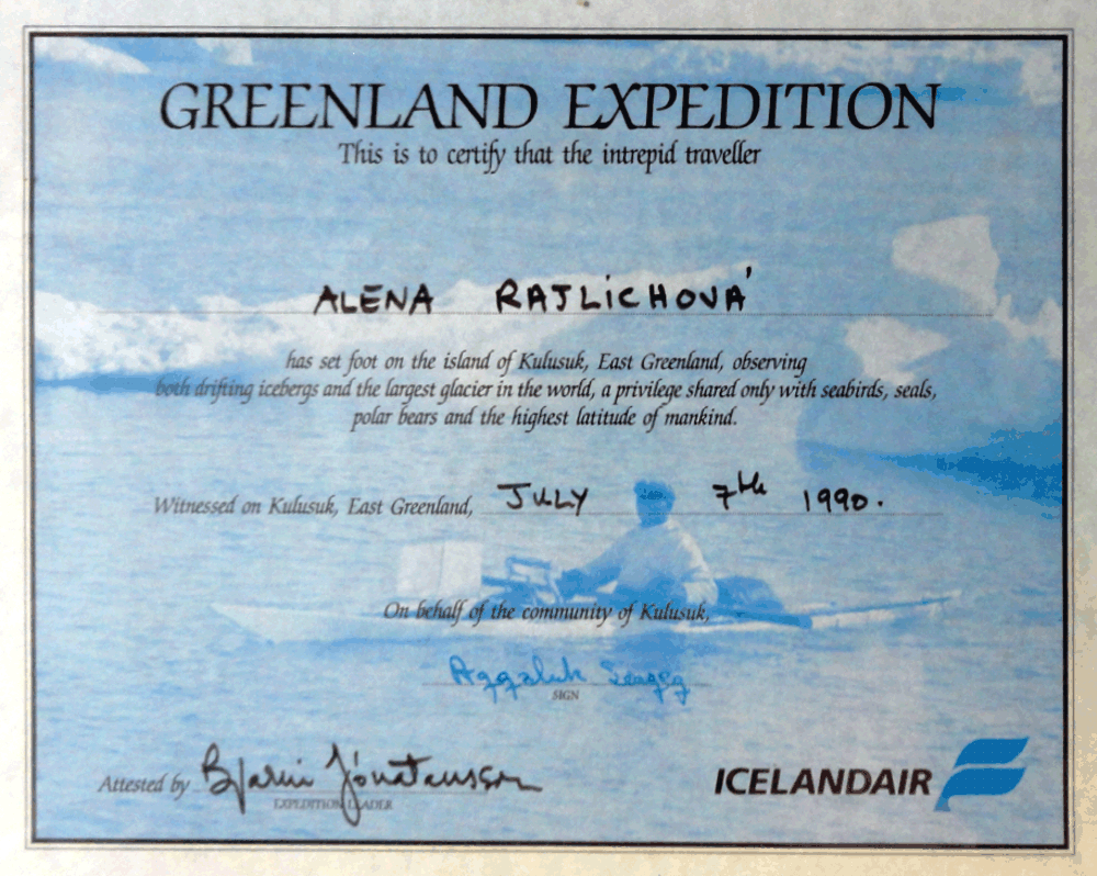 Alena Rajlichová: certifikát z Grónska, 1990