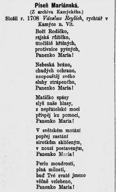 Písen Mariánská od Vácslava Reylicha, 1708